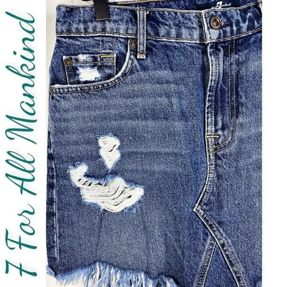 7 FOR ALL‎ MANKIND Raw Fringe Hem Denim Mini Skirt, Size 27 - Picture 7 of 10